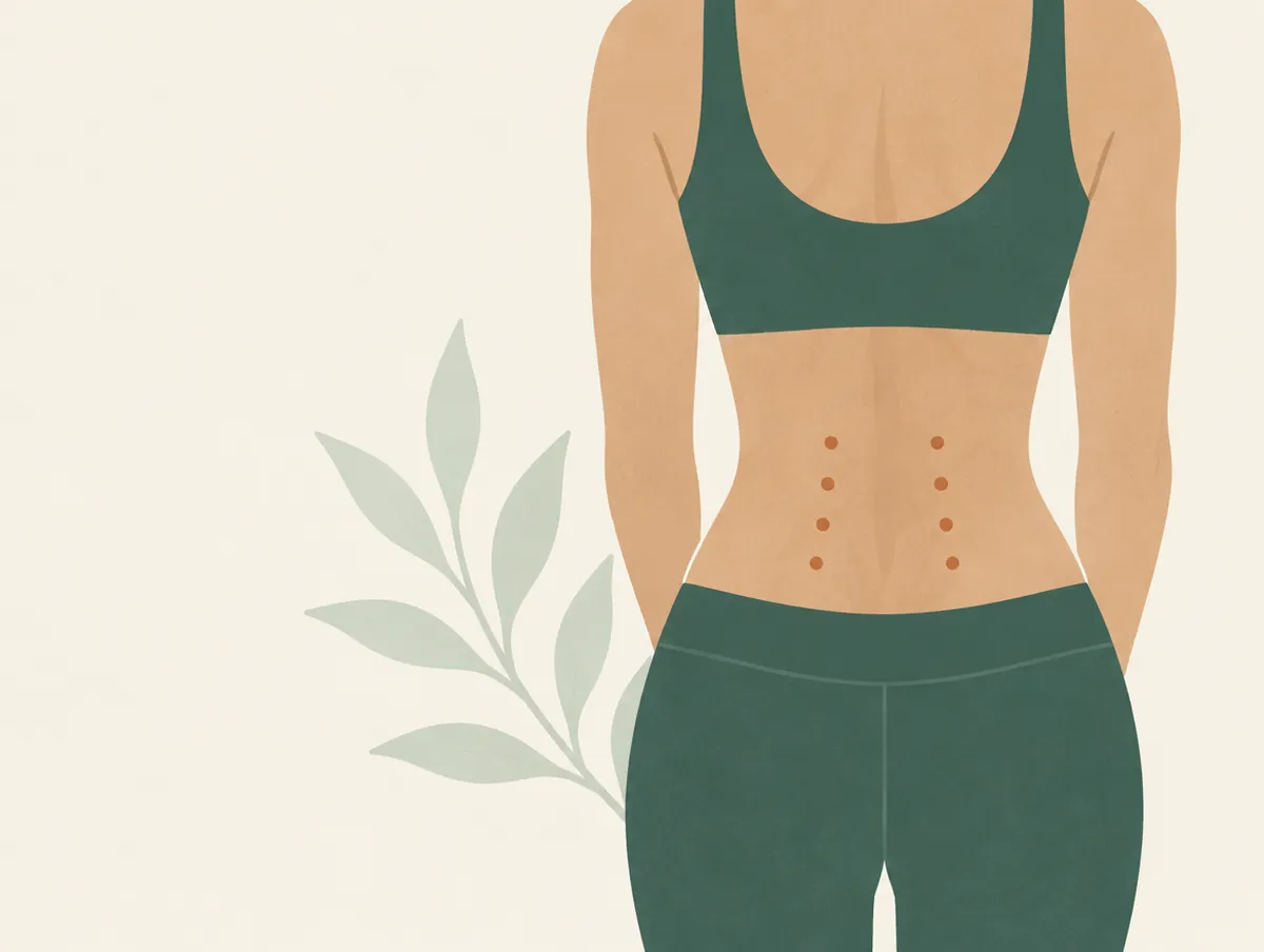 Illustration: The lower back seen from behind, small clay dots along the lower spine muscles