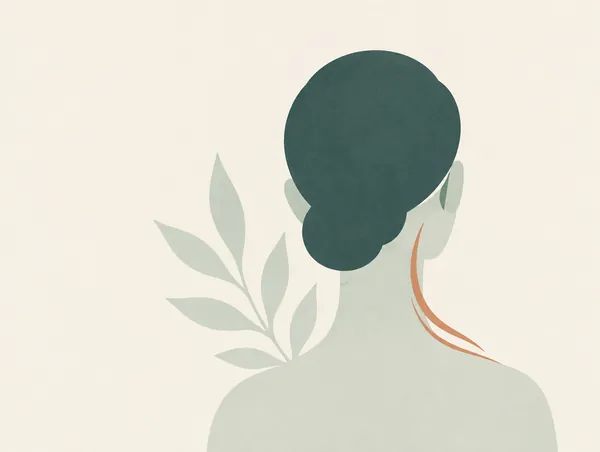 Illustration: A plain head-and-neck silhouette seen from behind, soft lines curving along the jaw and ear