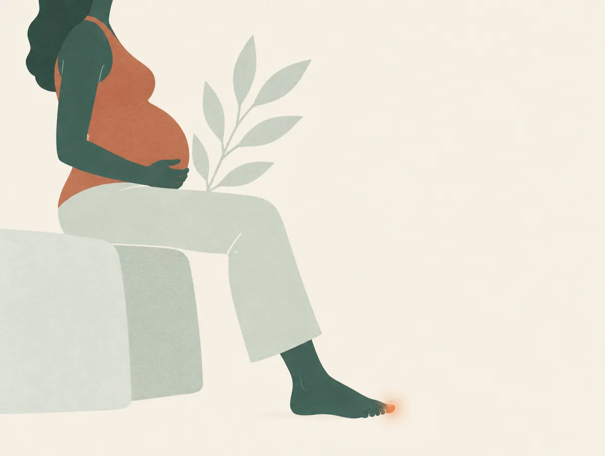 Illustration: A pregnant silhouette seen from the side, no face, with a small warm glow near the little toe