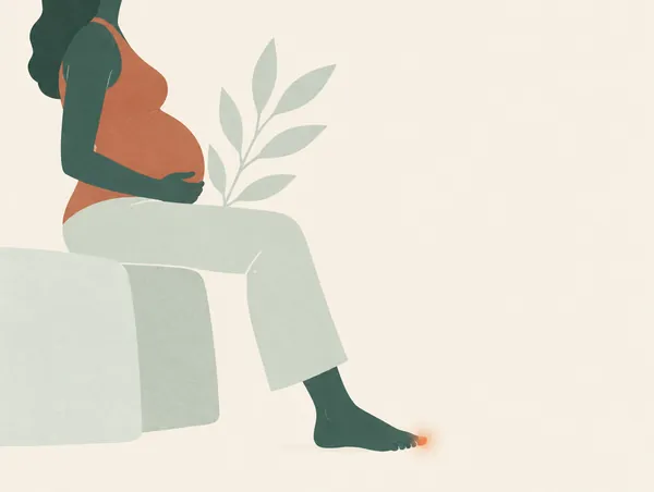 Illustration: A pregnant silhouette seen from the side, no face, with a small warm glow near the little toe