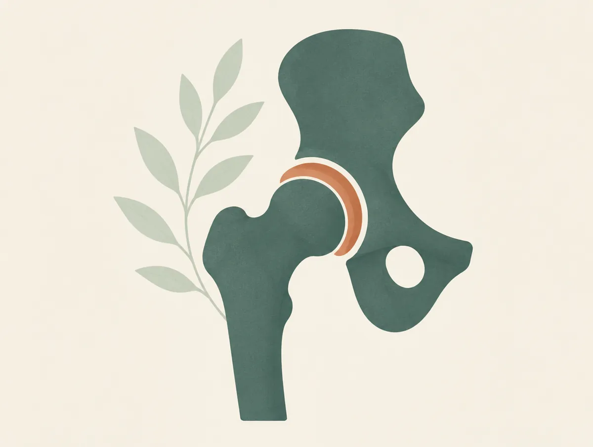 Illustration: A hip joint in side view with a soft rounded cushion shape highlighted