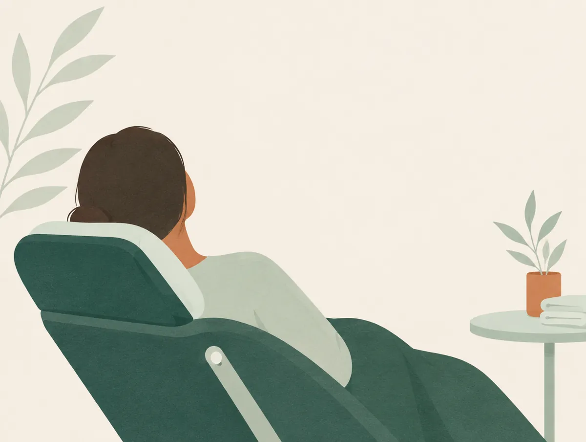 Illustration: A person resting in a reclined chair, seen from behind, soft light