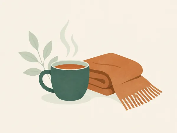 Illustration: A warm cup of tea with steam beside a folded scarf