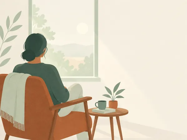 Illustration: A person seated by a window, seen from behind, soft morning light