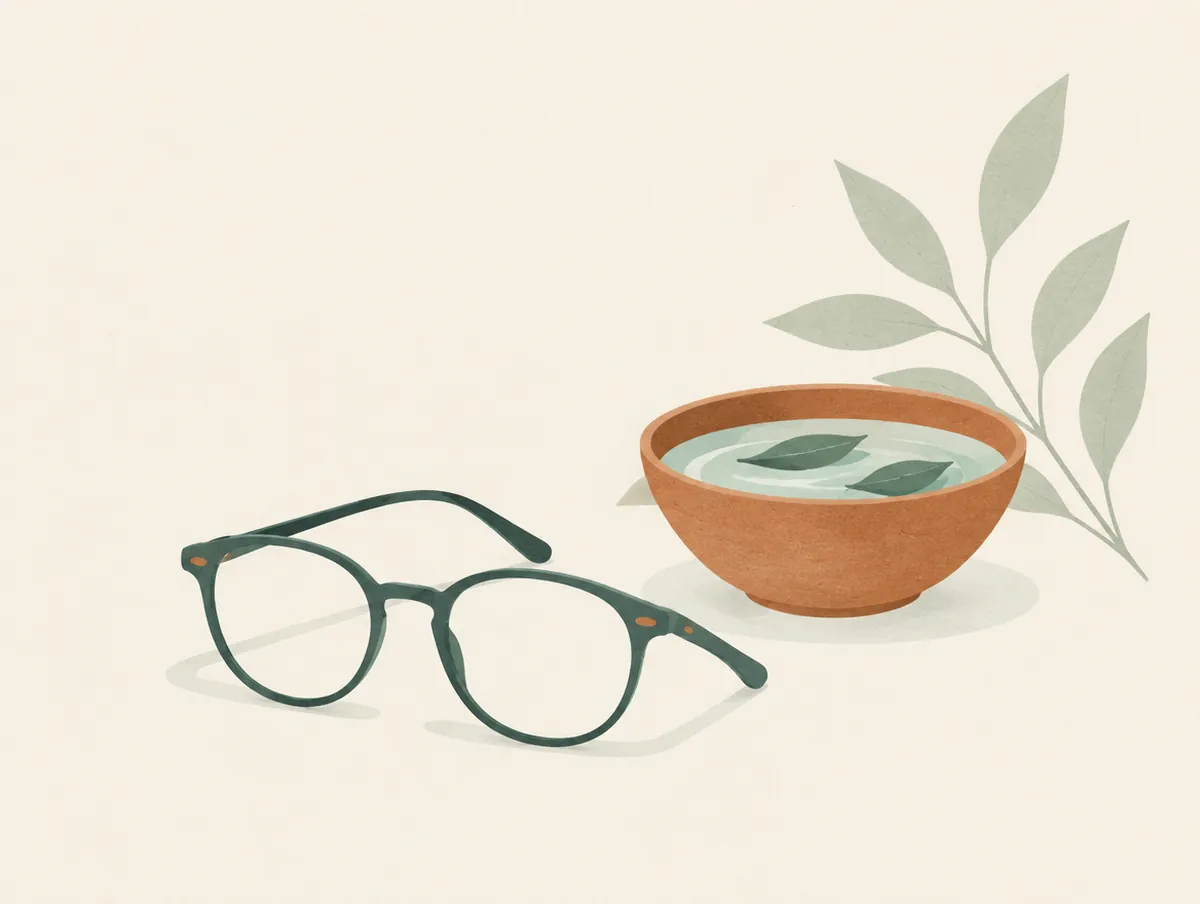 Illustration: A pair of reading glasses resting beside a small bowl of water and leaves