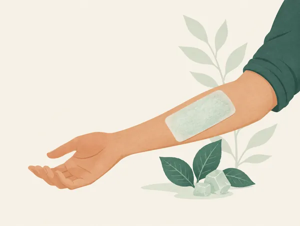 Illustration: The inner forearm with a soft textured patch and cooling leaves nearby