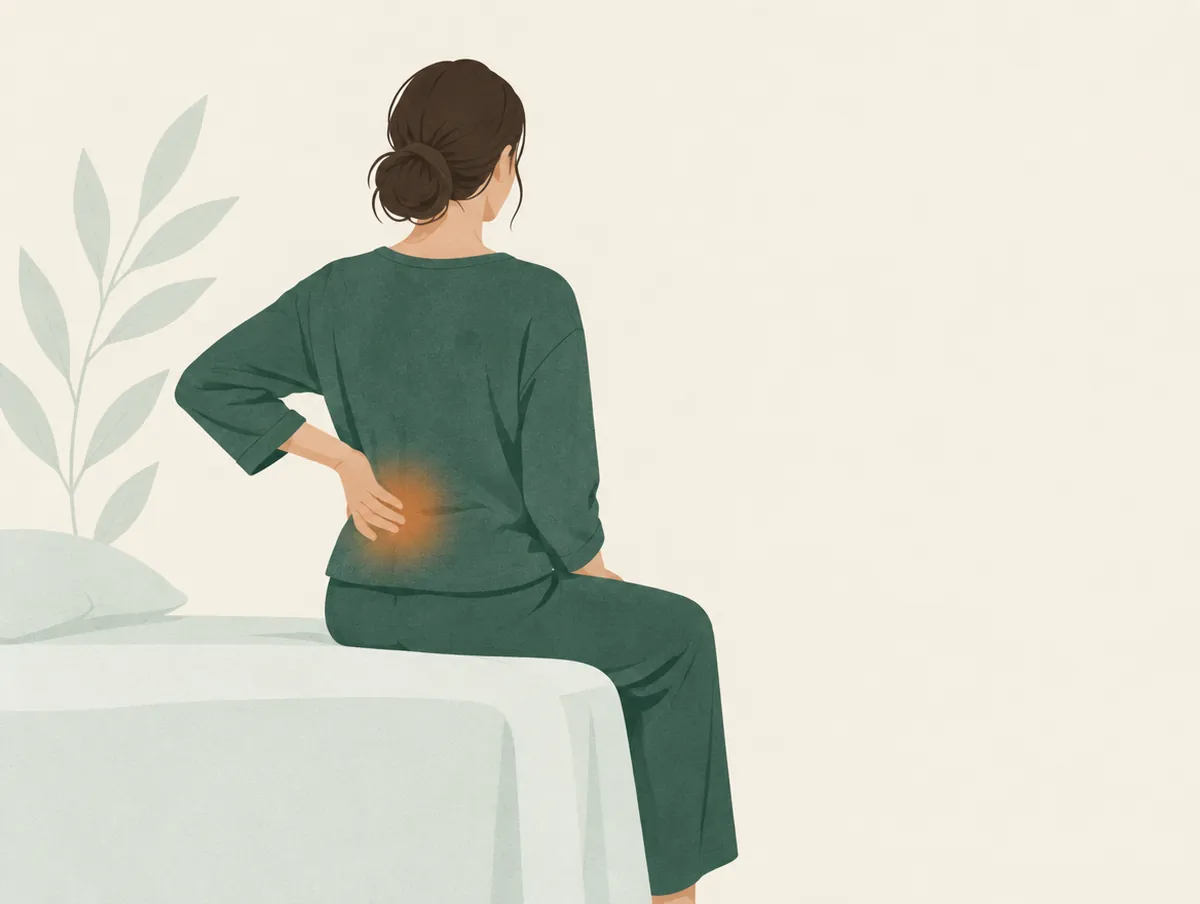 Illustration: A woman's silhouette from the side, no face, hands resting on the lower belly, warm glow