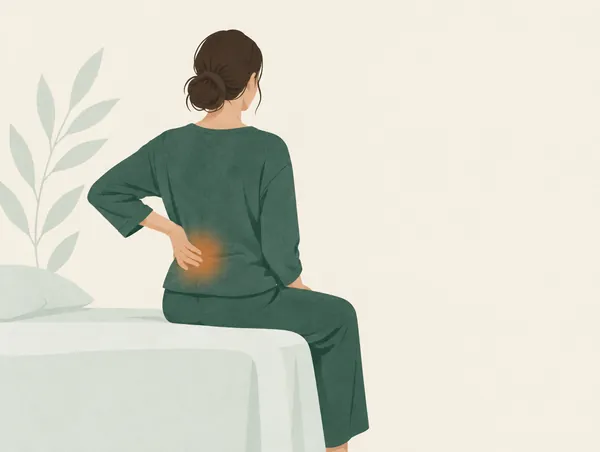 Illustration: A woman's silhouette from the side, no face, hands resting on the lower belly, warm glow