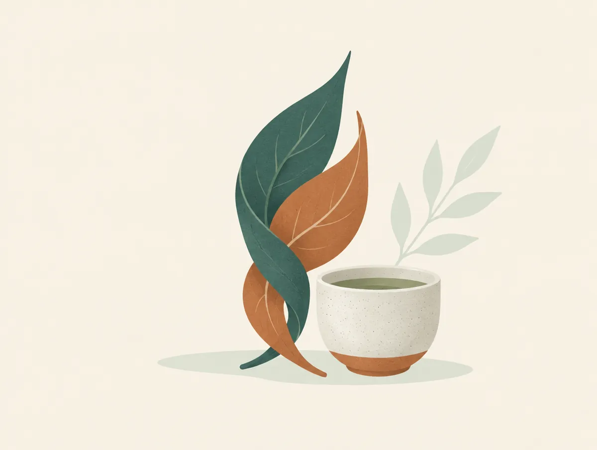 Illustration: Two intertwined leaves beside a small ceramic cup