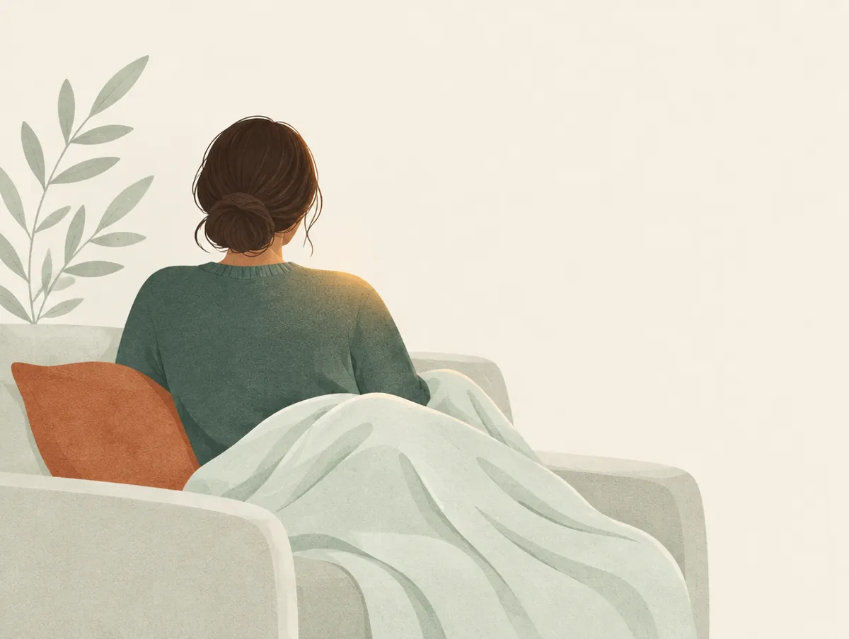 Illustration: A person seen from behind, resting against soft cushions, gentle warm glow across the shoulders and back