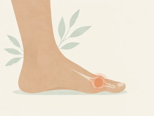 Illustration: A foot in side view, the big toe joint gently highlighted