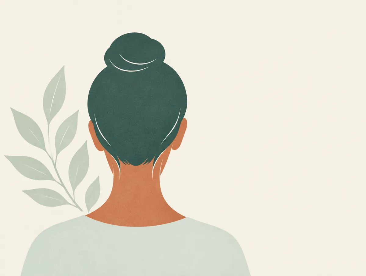 Illustration: A head silhouette from behind with soft lines at the temples and neck