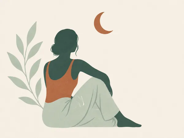 Illustration: A woman's silhouette seated, no face, a calm crescent moon above