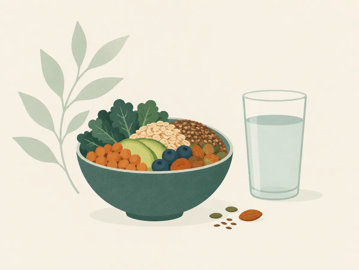 Illustration: A bowl of fibre-rich foods and a glass of water