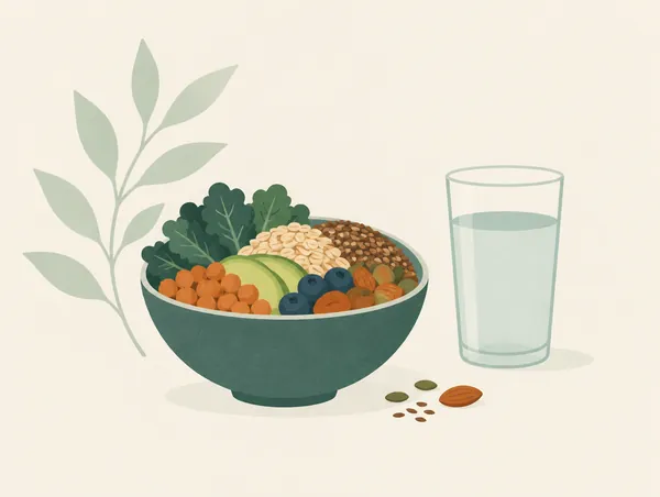 Illustration: A bowl of fibre-rich foods and a glass of water