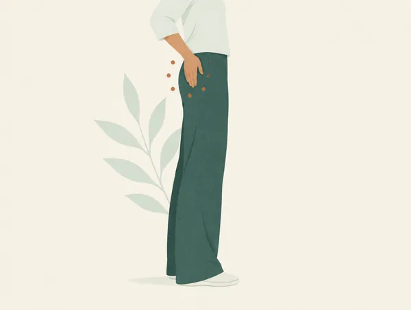Illustration: A hip and upper leg in side view, small clay dots around the hip