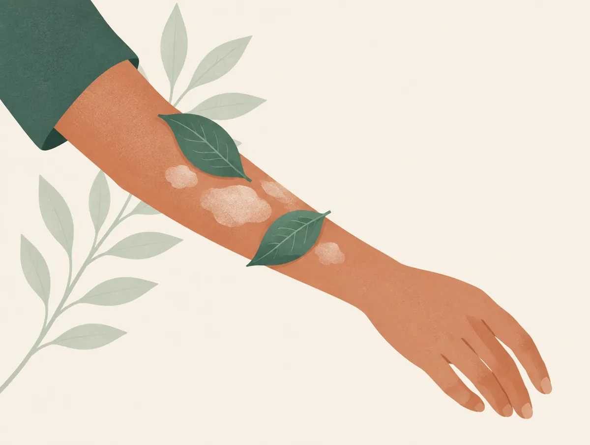 Illustration: A forearm with a few soft raised pale patches and cooling leaves