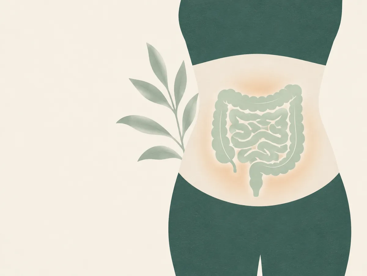 Illustration: An abdomen outline with the intestines drawn in pale green and a calm warm glow