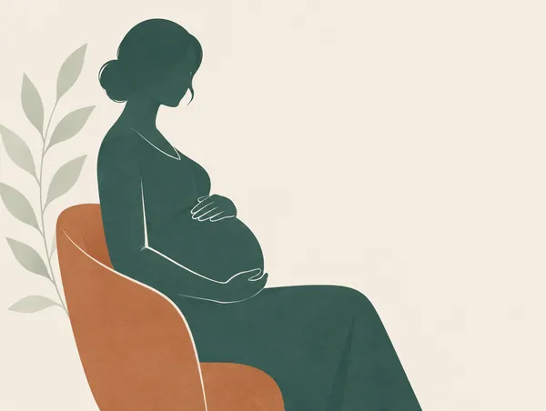 Illustration: A pregnant silhouette seated, seen from the side, no face, hands on the belly