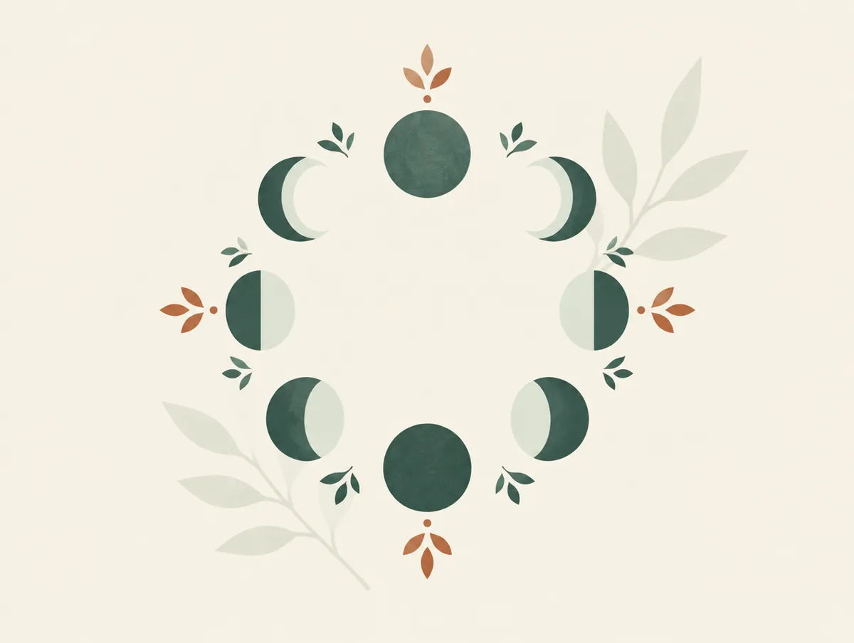 Illustration: A circle of moon phases with small leaves