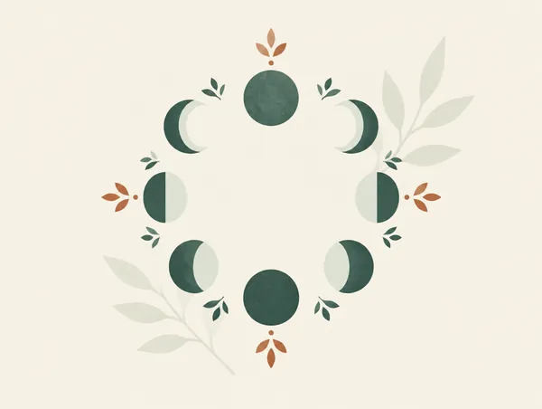 Illustration: A circle of moon phases with small leaves