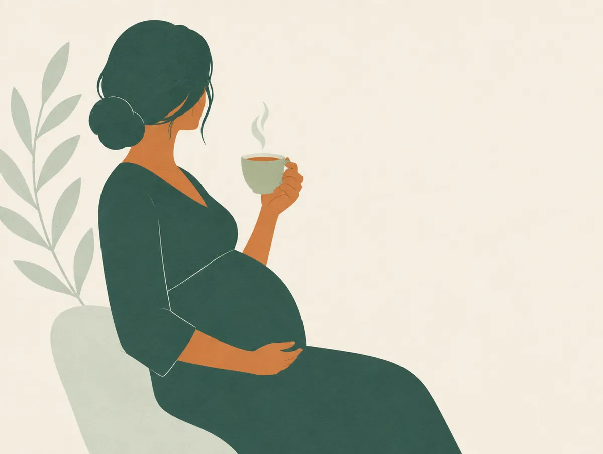 Illustration: A pregnant silhouette from the side, no face, holding a cup of tea