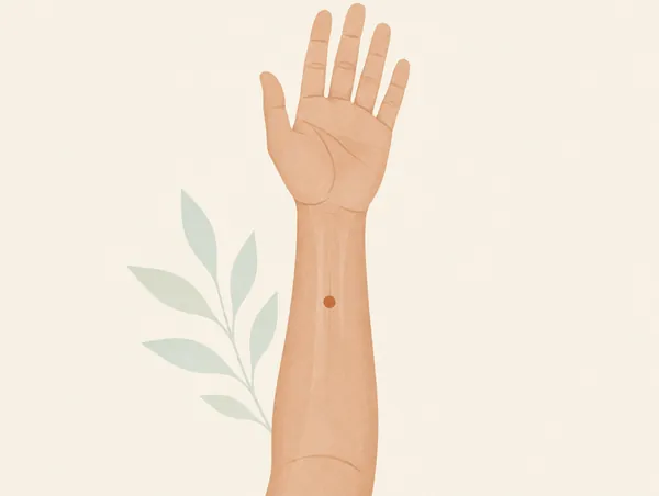 Illustration: The inner wrist with one small clay dot a few finger-widths above the crease