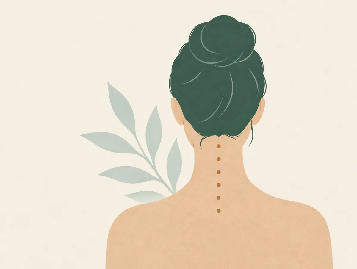 Illustration: The neck and upper shoulders seen from behind, small clay dots along the neck