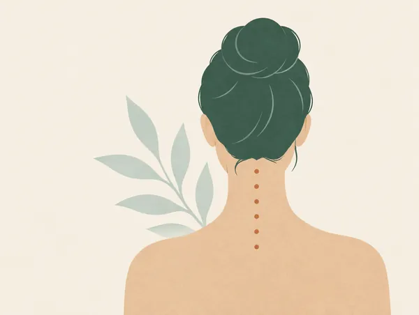Illustration: The neck and upper shoulders seen from behind, small clay dots along the neck