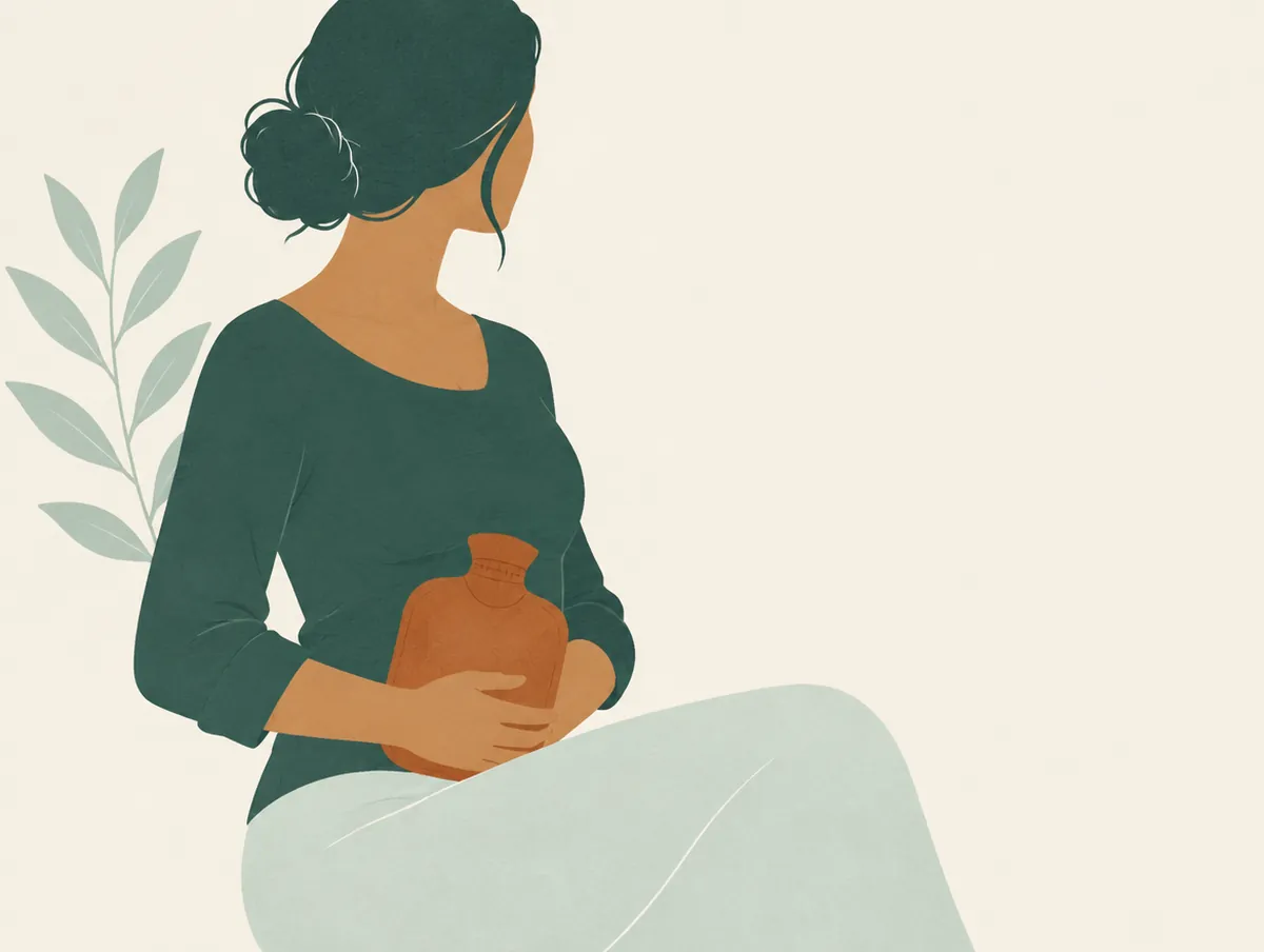 Illustration: A woman's silhouette, no face, holding a warm water bottle against the lower belly
