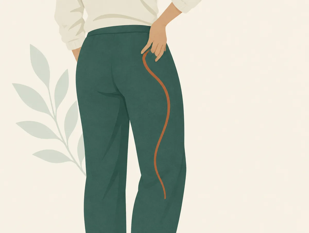 Illustration: The hip and buttock seen from behind with a deep muscle line toward the leg