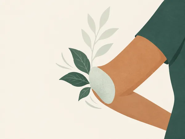 Illustration: An elbow with a soft textured patch and cooling leaves