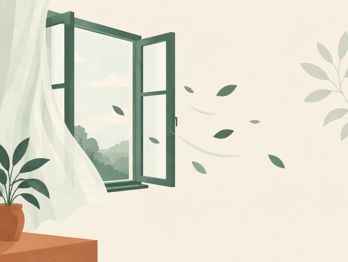 Illustration: An open window with a breeze carrying leaves