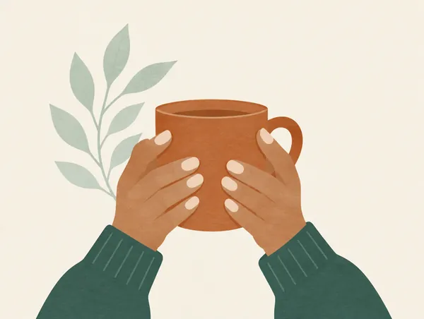 Illustration: Two hands with pale fingertips wrapped around a warm mug