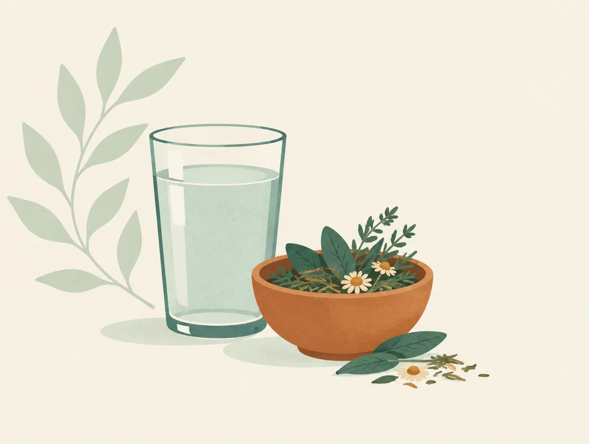 Illustration: A glass of water beside a small bowl of herbs