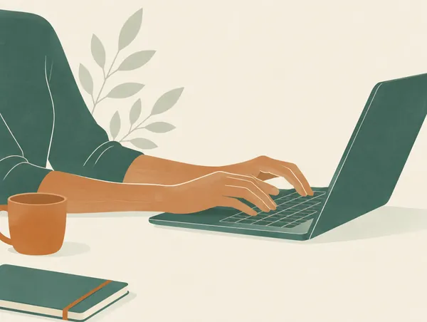 Illustration: Hands on a laptop keyboard, soft lines along the forearms