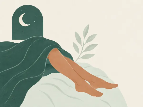 Illustration: Legs under a blanket at night, a crescent moon