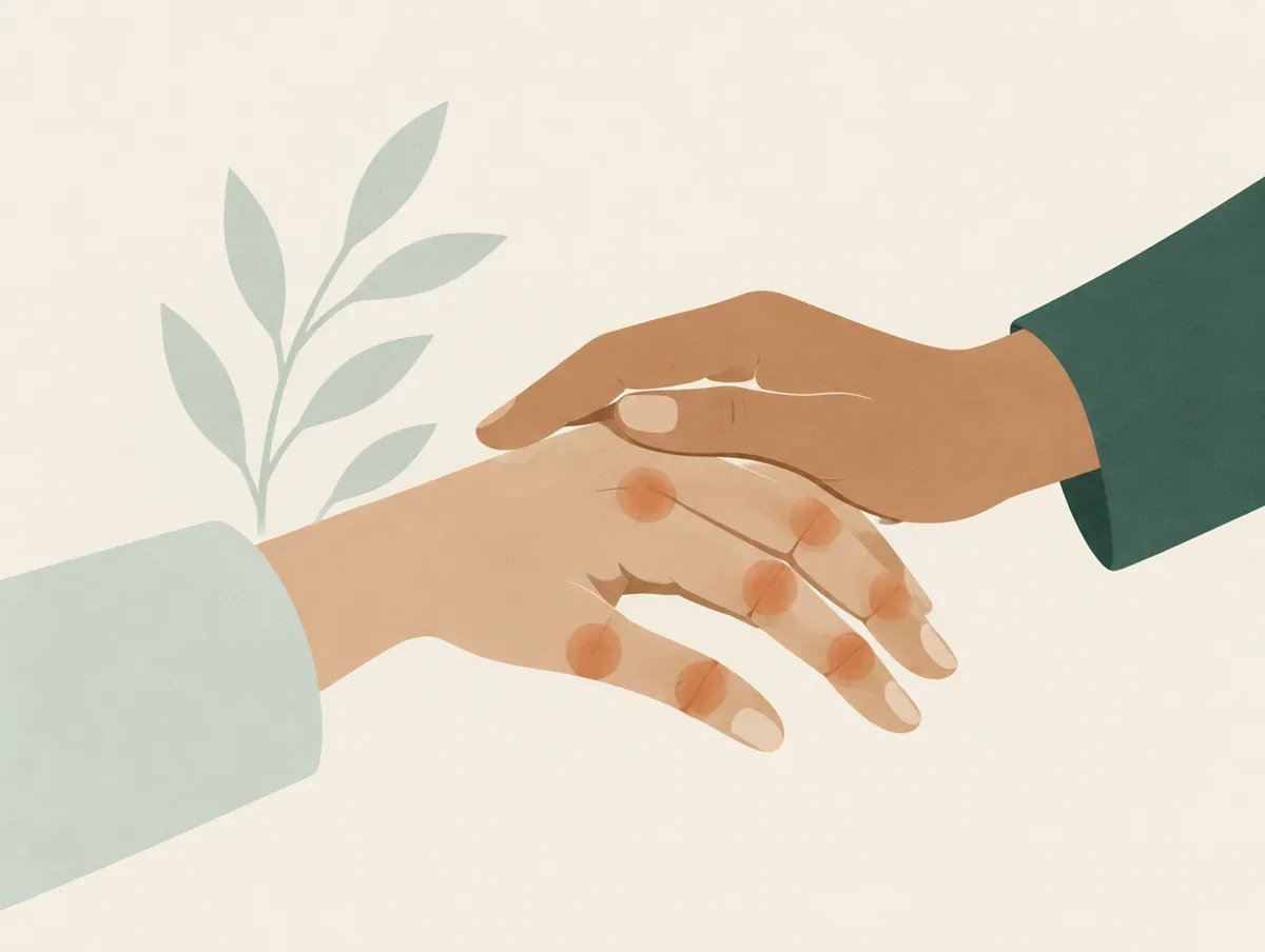 Illustration: Two hands resting together, several finger joints gently highlighted