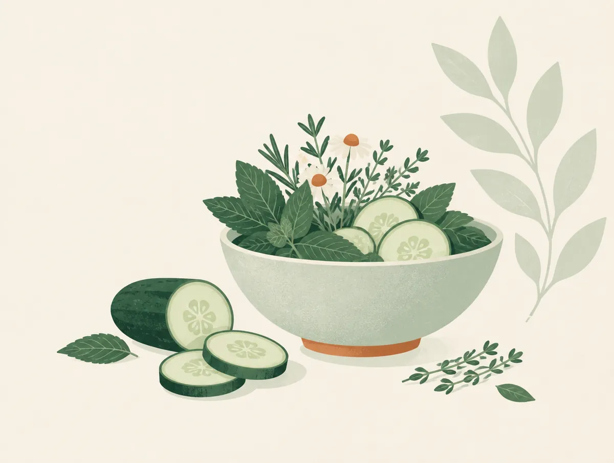 Illustration: A bowl of cooling herbs and cucumber slices