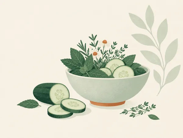 Illustration: A bowl of cooling herbs and cucumber slices