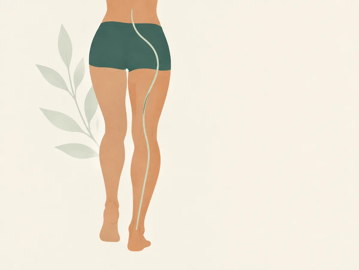 Illustration: The lower back and leg seen from behind, a soft line running down the back of the leg
