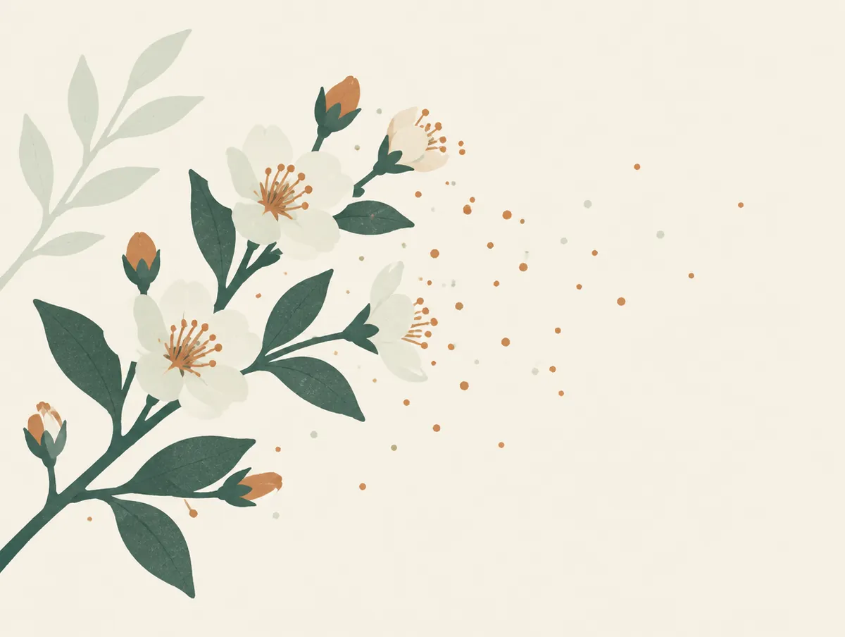 Illustration: A flowering branch with drifting pollen