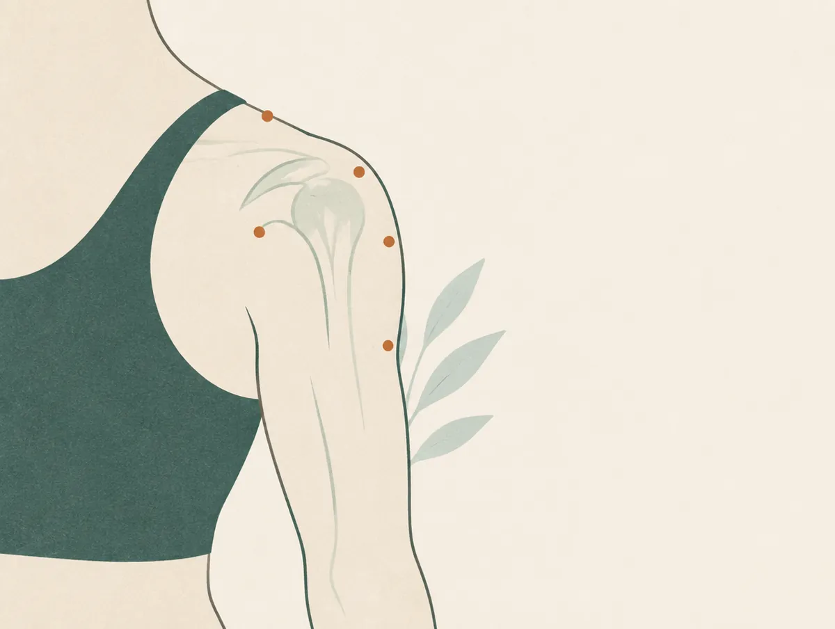 Illustration: A softly drawn human shoulder and upper arm seen from the side, a few small clay dots marking points around the shoulder joint