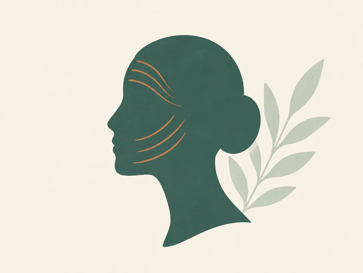 Illustration: A head outline in profile with no facial features, soft lines over the forehead and cheeks