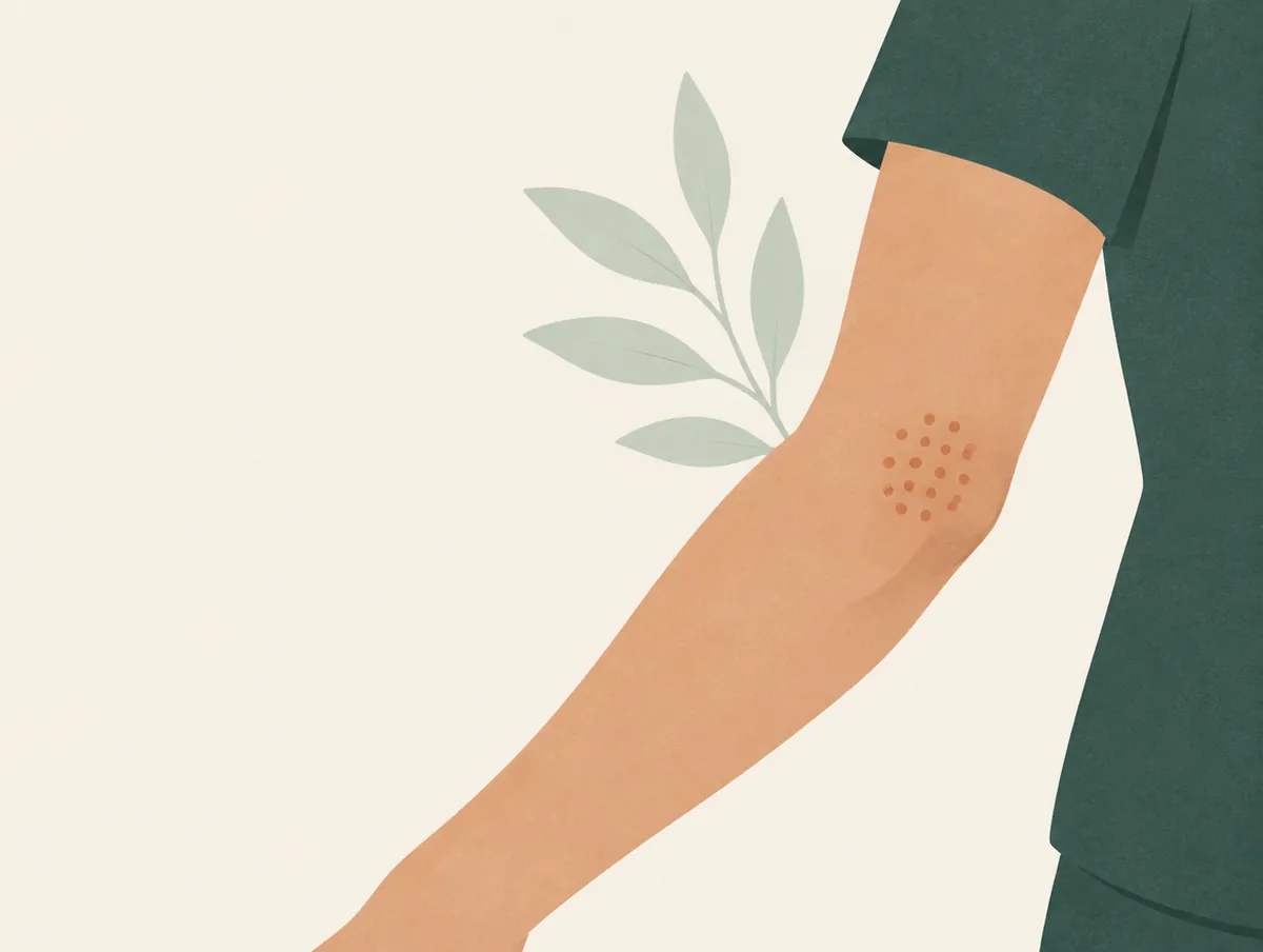 Illustration: A forearm and the outer side of the elbow, small clay dots on the outer elbow