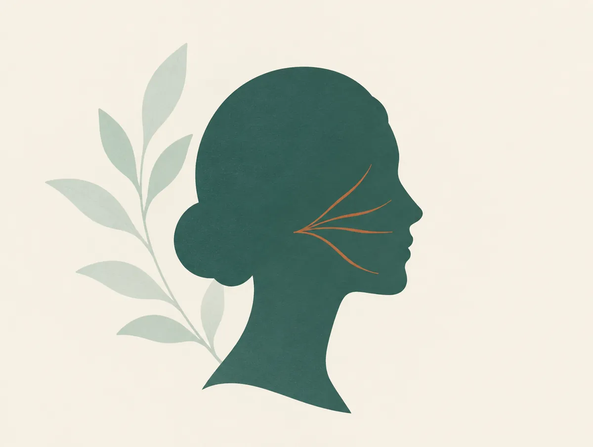 Illustration: A head outline in profile with no facial features, three fine branching lines across the cheek
