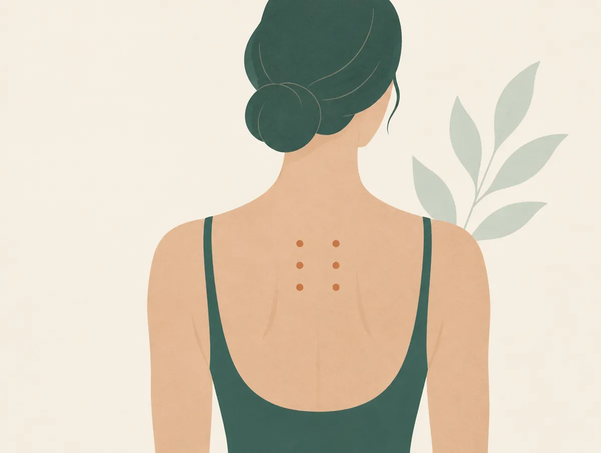 Illustration: The upper back between the shoulder blades seen from behind, small clay dots