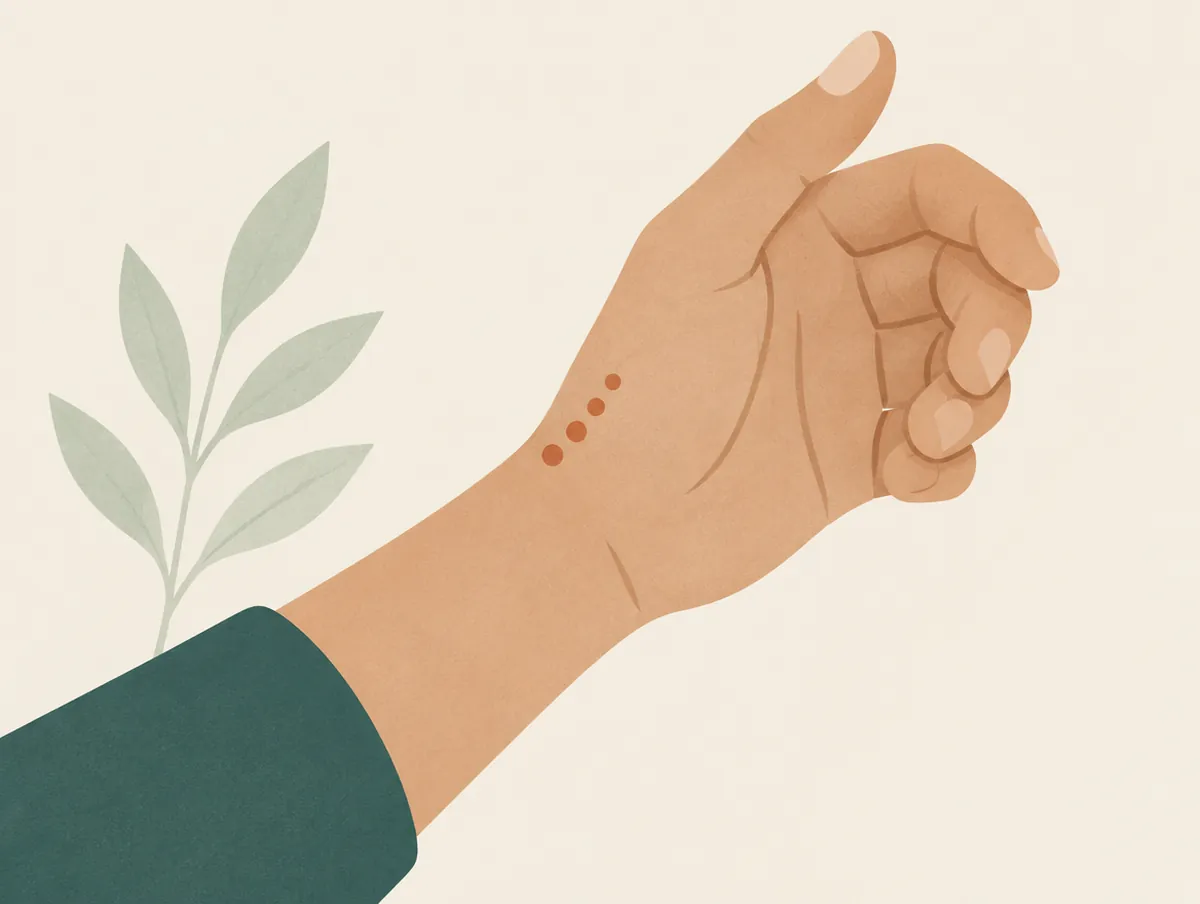 Illustration: A wrist from the thumb side, small clay dots near the base of the thumb