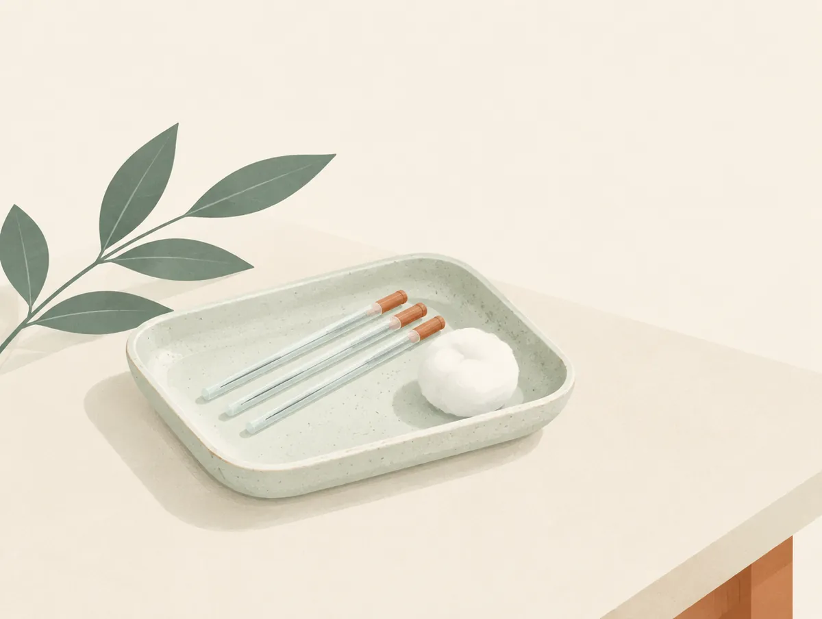Illustration: a ceramic tray with fine acupuncture needles in their guide tubes and a cotton ball