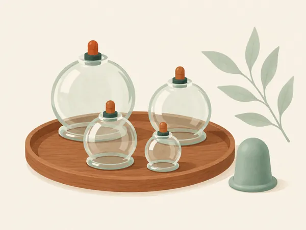 Illustration: glass cupping cups on a wooden tray beside a silicone cup